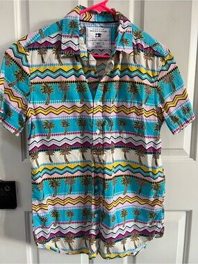 Cactus menswear Turquoise Palm Stripe Short Sleeve Button-Down Shirt